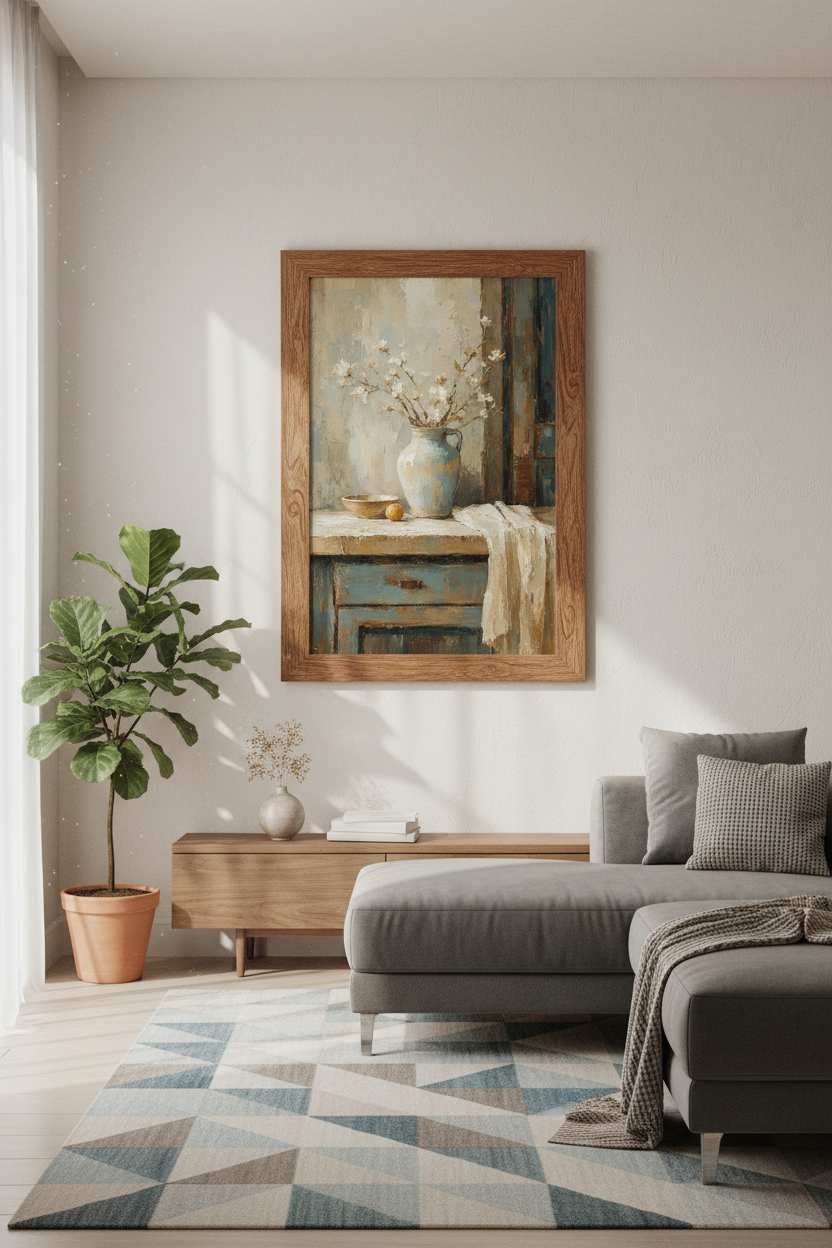 Floral Still Life Oil Painting | Rustic Blue Vase Poster, Farmhouse Decor