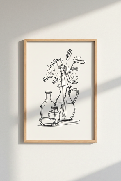 Minimalist Floral Still Life | Black Line Art, Modern Cream Home Decor