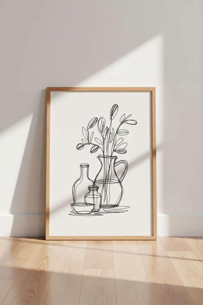 Minimalist Floral Still Life | Black Line Art, Modern Cream Home Decor