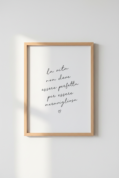 Italian Quote Wall Art | Minimalist Black &amp; White Script Poster, Life is Wonderful Decor