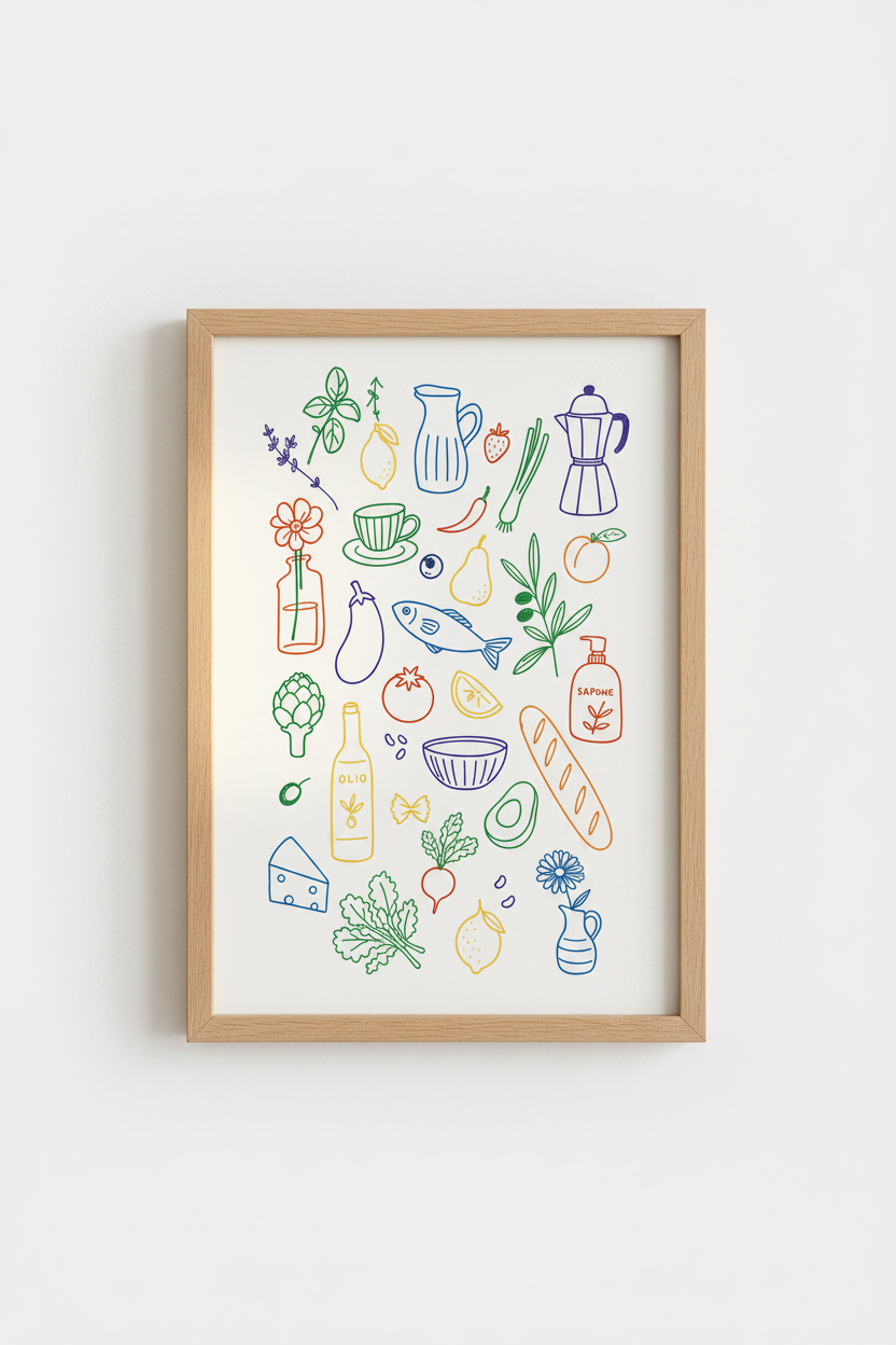 Italian Kitchen Art Print | Colorful Mediterranean Food Poster | Eclectic Kitchen Decor