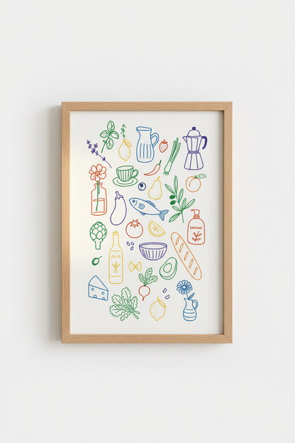 Italian Kitchen Art Print | Colorful Mediterranean Food Poster | Eclectic Kitchen Decor
