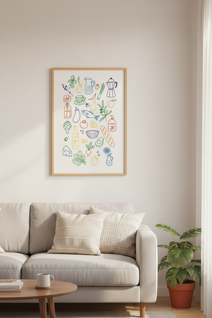 Italian Kitchen Art Print | Colorful Mediterranean Food Poster | Eclectic Kitchen Decor