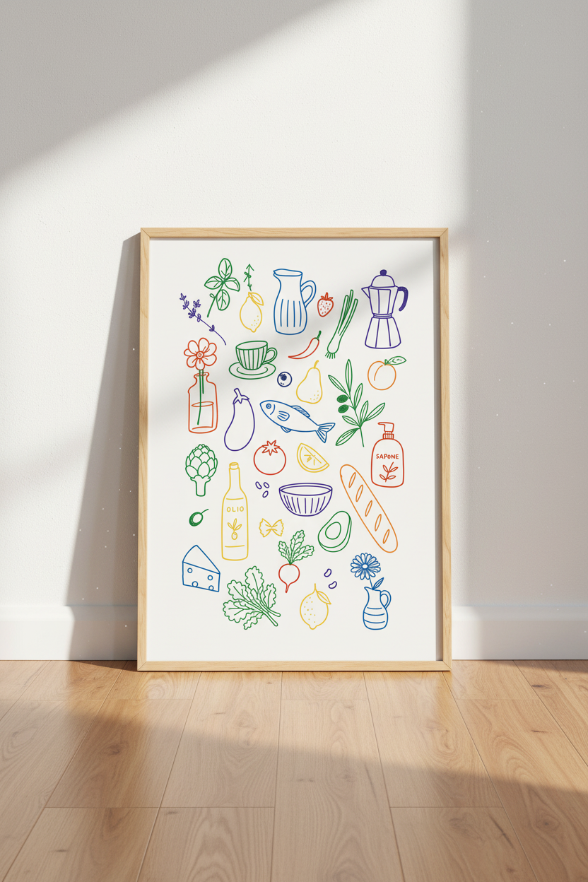 Italian Kitchen Art Print | Colorful Mediterranean Food Poster | Eclectic Kitchen Decor