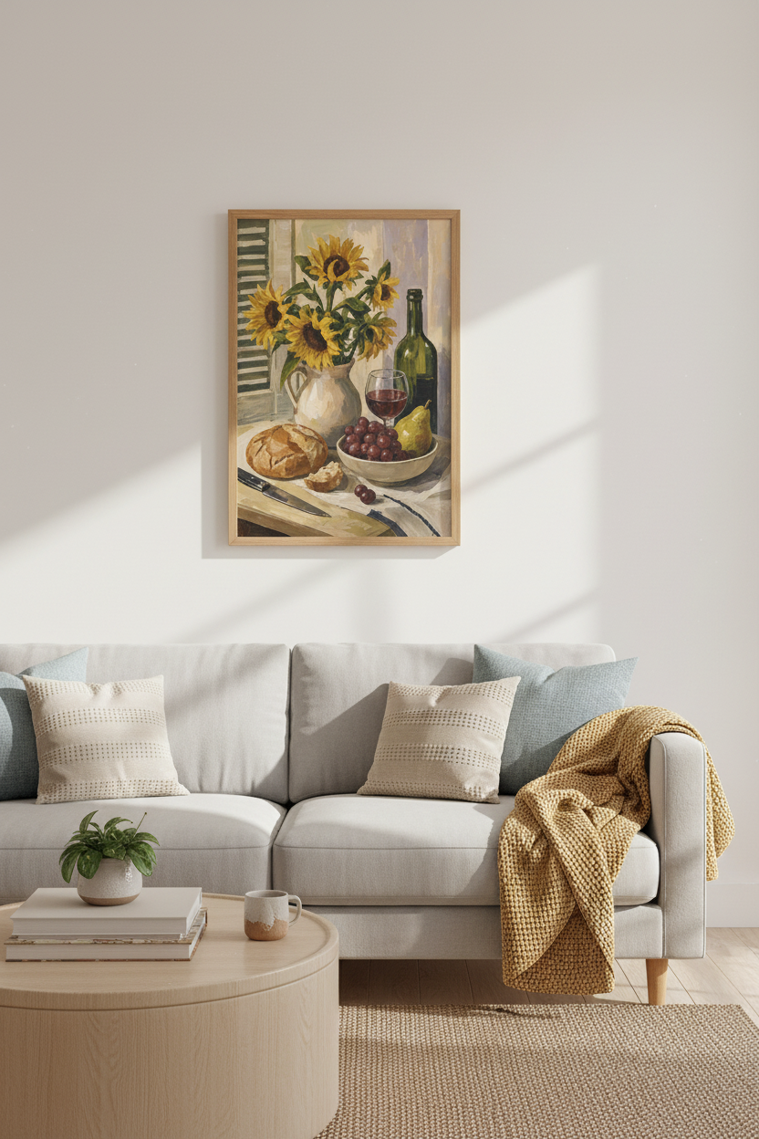 Sunflowers &amp; Wine Still Life | Impressionist Oil Style, Rustic Kitchen Decor