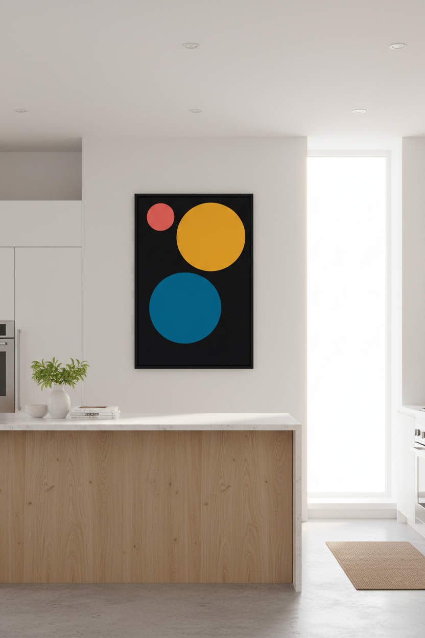 Minimalist Abstract Circles Wall Art Print | Mid Century Modern Geo Poster | Black, Yellow, Teal, Coral Home Decor
