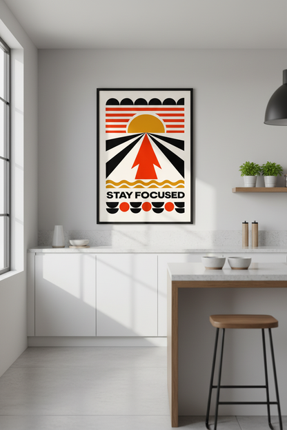Stay Focused Arrow Sun Print | Abstract Inspirational Wall Art | Mid-Century Modern Poster | Geometric Home Decor Print