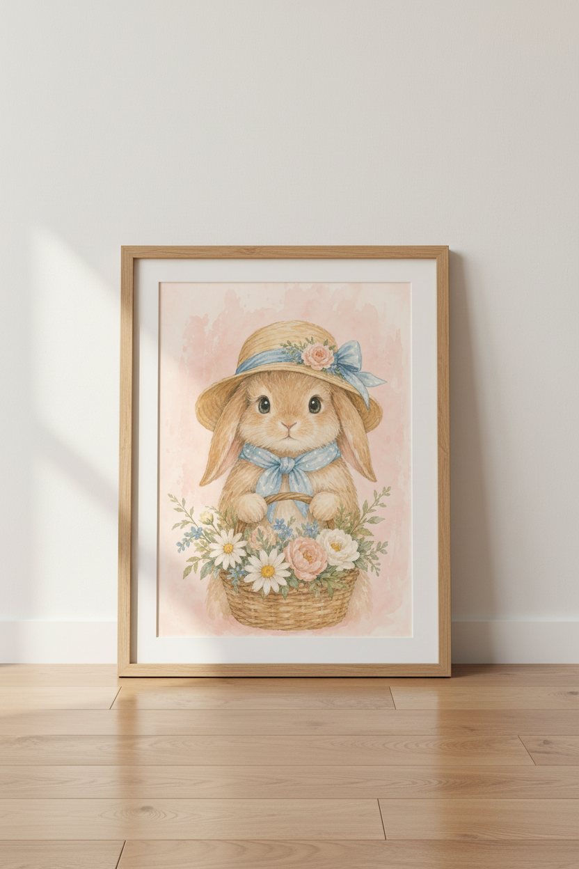 Pastel Bunny Art | Watercolor, Soft Pink, Nursery Decor