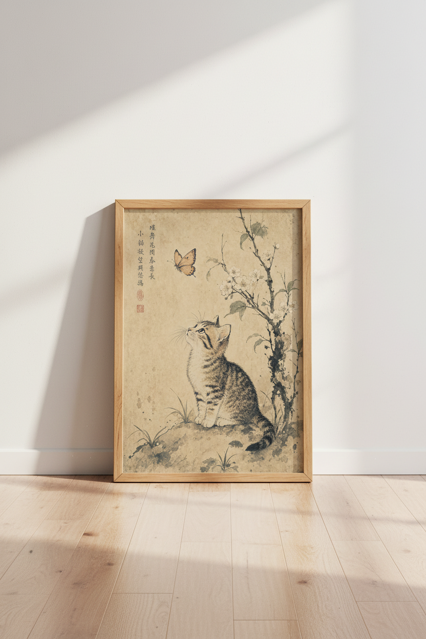 Vintage Japanese Style Cat &amp; Butterfly Wall Art Print | Zen Nursery Decor | Ink Poster