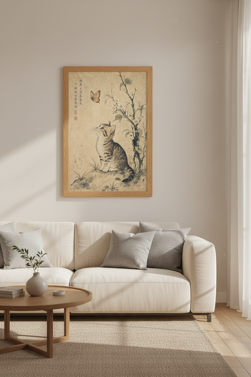 Vintage Japanese Style Cat &amp; Butterfly Wall Art Print | Zen Nursery Decor | Ink Poster