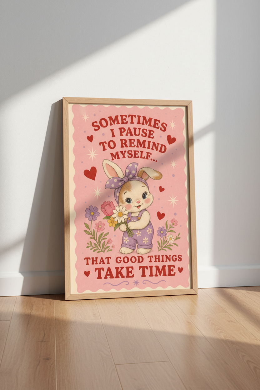 Vintage Bunny Affirmation Wall Art | Pink Retro Poster, Nursery &amp; Office Decor