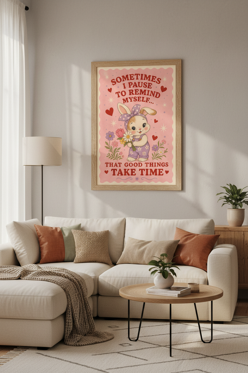 Vintage Bunny Affirmation Wall Art | Pink Retro Poster, Nursery &amp; Office Decor