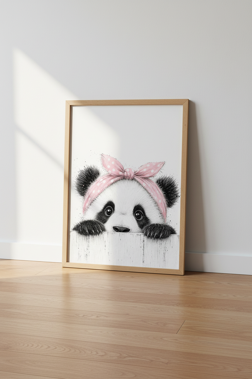 Baby Panda Wall Art | Pink Polka Dot Bow Print, Nursery Decor Poster
