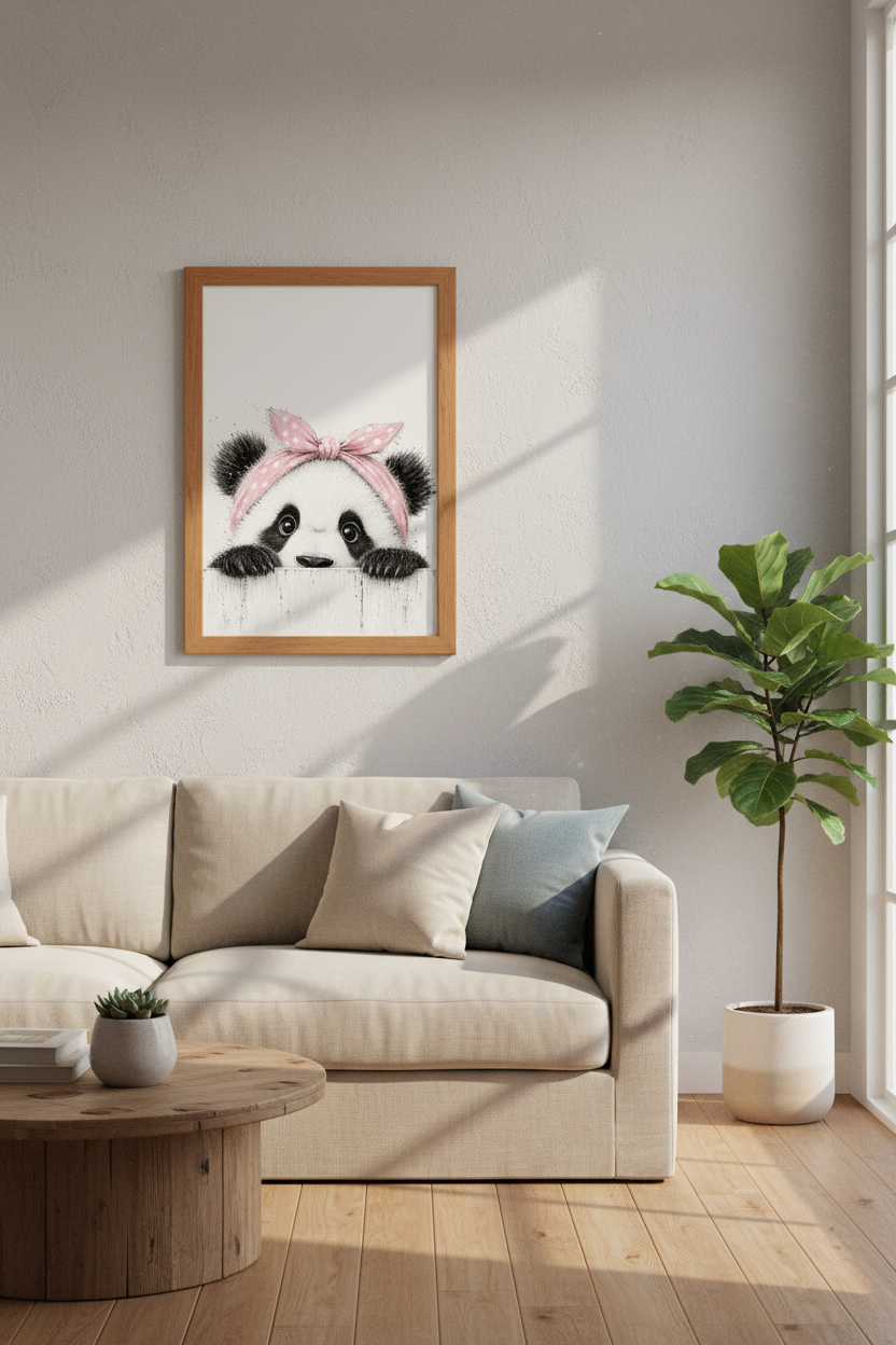 Baby Panda Wall Art | Pink Polka Dot Bow Print, Nursery Decor Poster