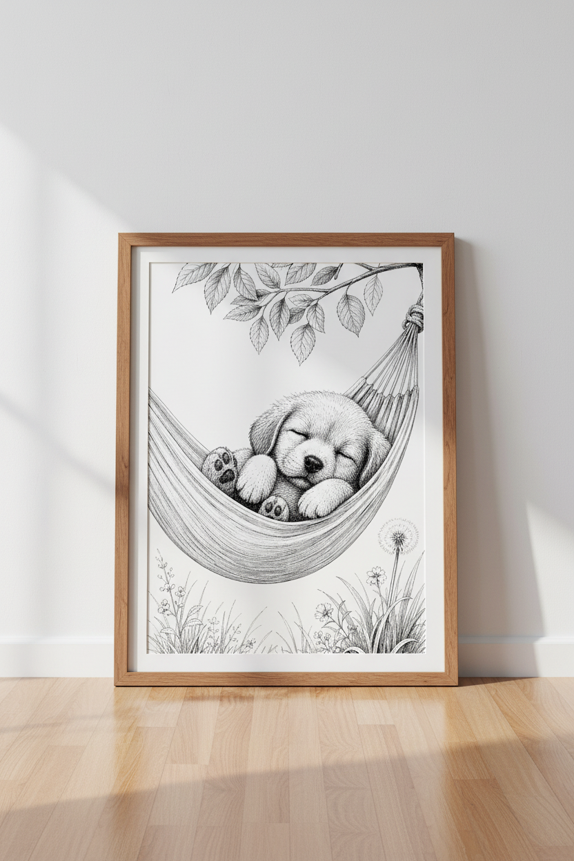 Sleeping Puppy in Hammock Art | Black and White Sketch, Nursery Decor