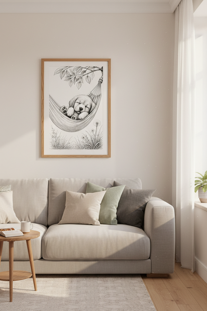 Sleeping Puppy in Hammock Art | Black and White Sketch, Nursery Decor