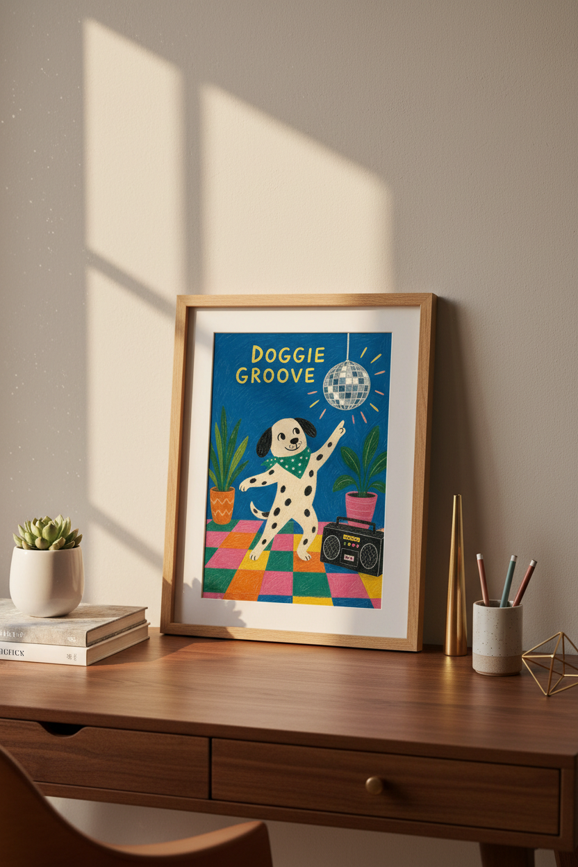Dog Wall Art | Whimsical Disco Dalmatian, Vibrant Blue Decor