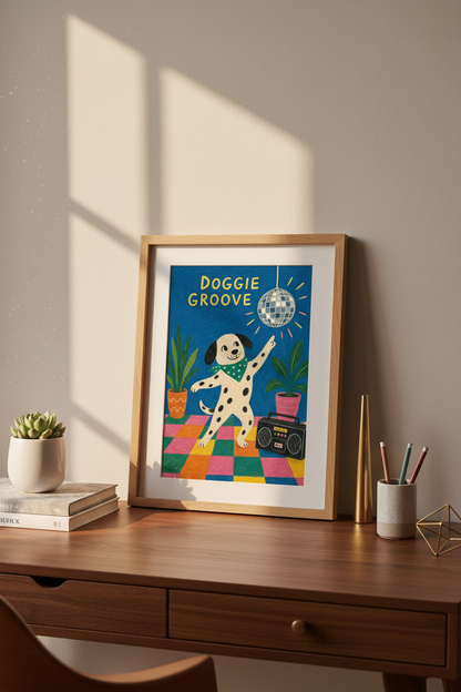 Dog Wall Art | Whimsical Disco Dalmatian, Vibrant Blue Decor