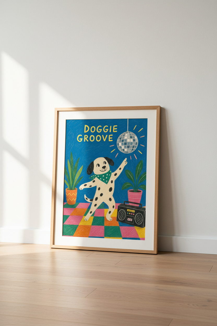 Dog Wall Art | Whimsical Disco Dalmatian, Vibrant Blue Decor