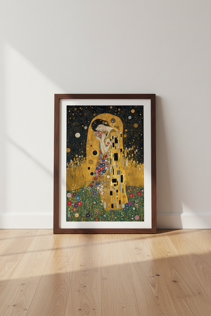Klimt Inspired Lady | Gold Starry Night Art, Romantic Bedroom Wall Decor