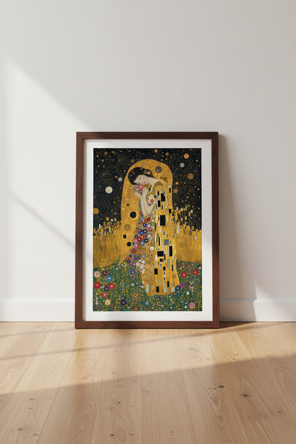 Klimt Inspired Lady | Gold Starry Night Art, Romantic Bedroom Wall Decor