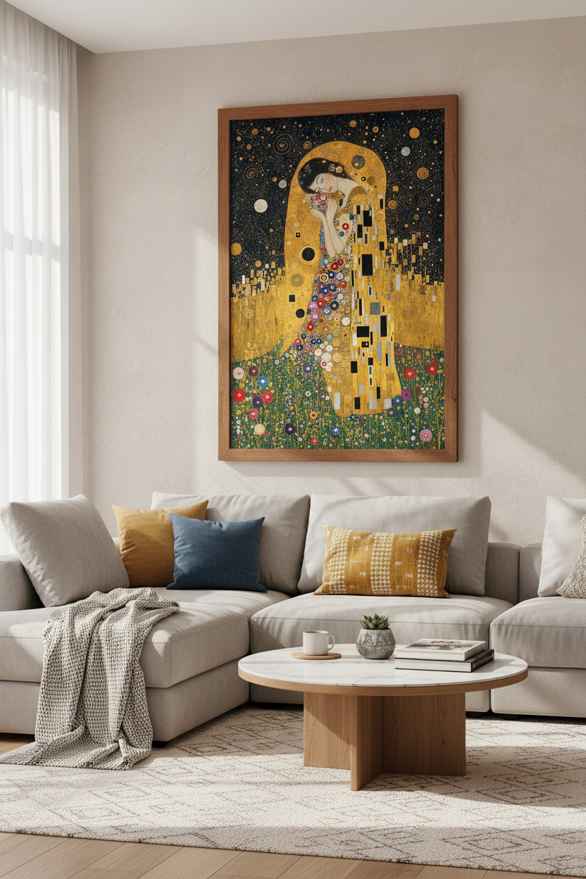 Klimt Inspired Lady | Gold Starry Night Art, Romantic Bedroom Wall Decor