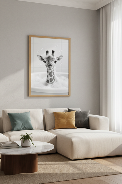 Baby Giraffe Bathtub Wall Art | Black and White Bathroom Decor | Nursery Poster