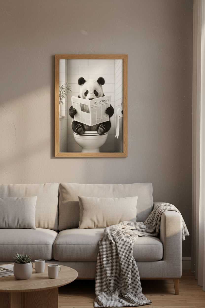 Panda on Toilet Wall Art | Funny Bathroom Decor, Black and White Panda Poster