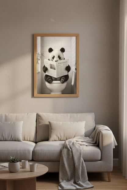 Panda on Toilet Wall Art | Funny Bathroom Decor, Black and White Panda Poster