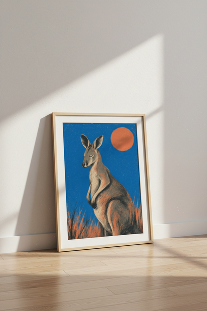 Kangaroo Wall Art Print | Blue &amp; Orange Mid Century Modern Poster | Nursery Decor