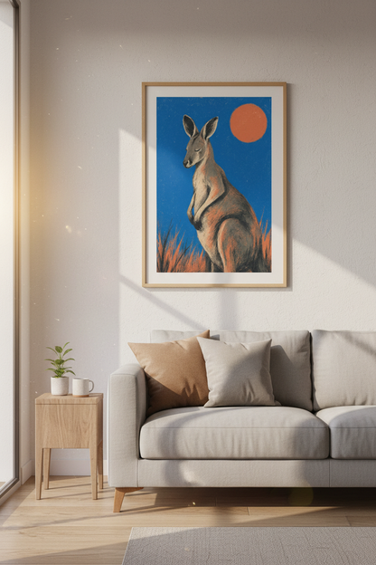 Kangaroo Wall Art Print | Blue &amp; Orange Mid Century Modern Poster | Nursery Decor
