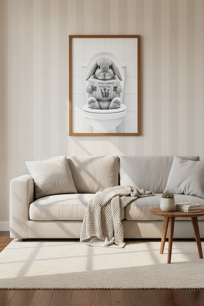 Bunny on Toilet Wall Art | Funny Rabbit Bathroom Decor | Black &amp; White Poster