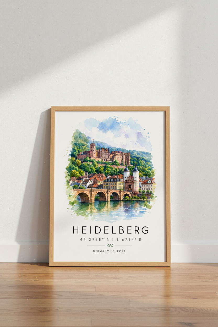 Heidelberg Castle Print | Germany Watercolor Travel Art, Living Room Decor
