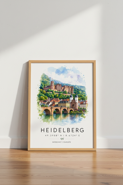 Heidelberg Castle Print | Germany Watercolor Travel Art, Living Room Decor