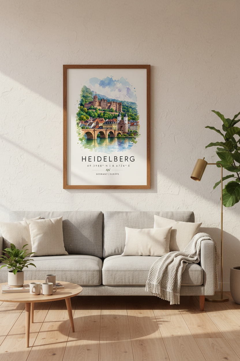 Heidelberg Castle Print | Germany Watercolor Travel Art, Living Room Decor