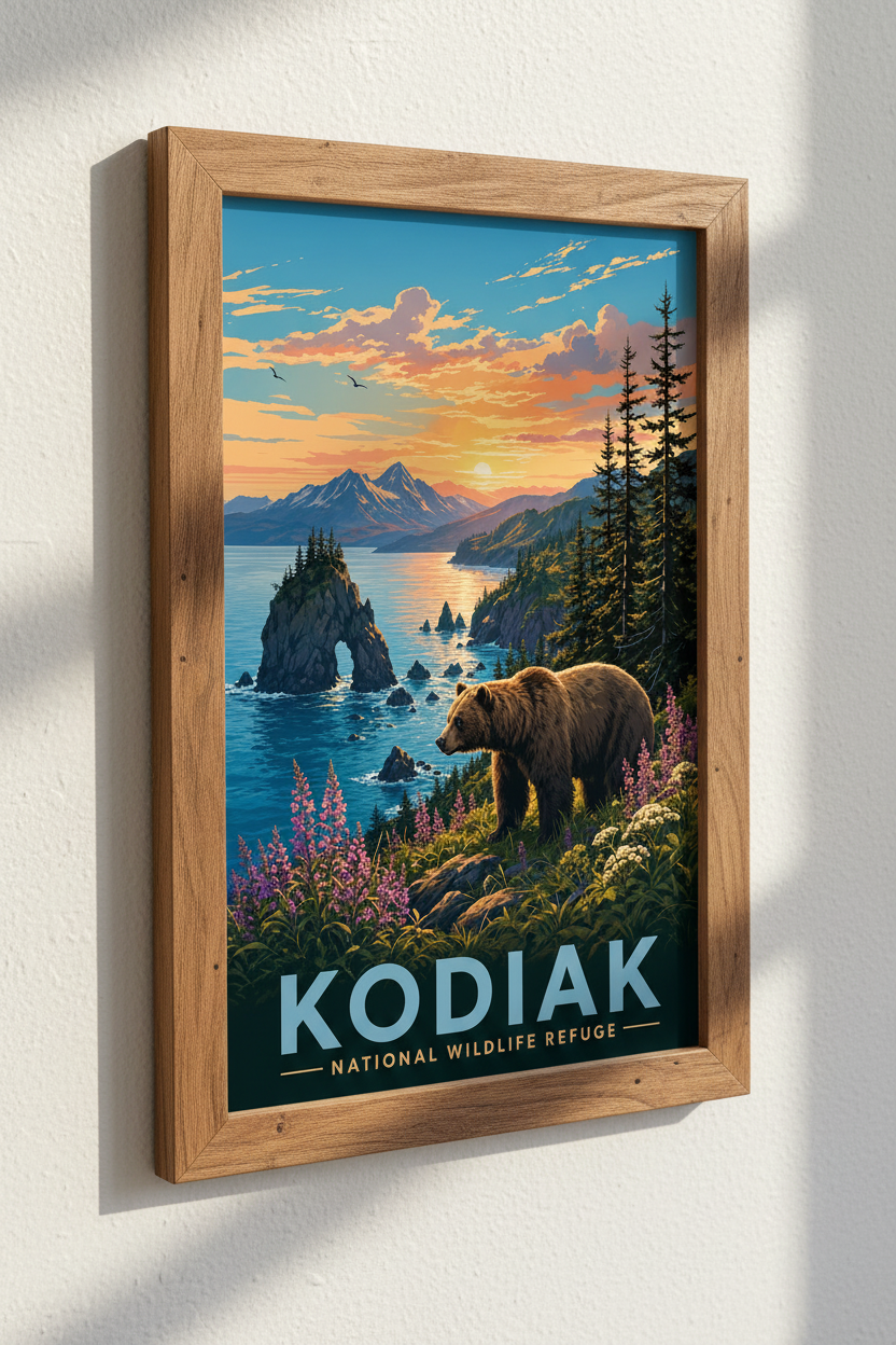 Kodiak National Wildlife Refuge Wall Art | Alaska Bear Sunset Poster, Cabin Decor