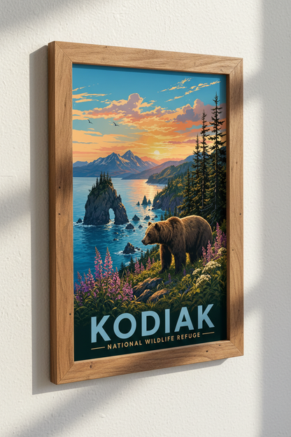 Kodiak National Wildlife Refuge Wall Art | Alaska Bear Sunset Poster, Cabin Decor