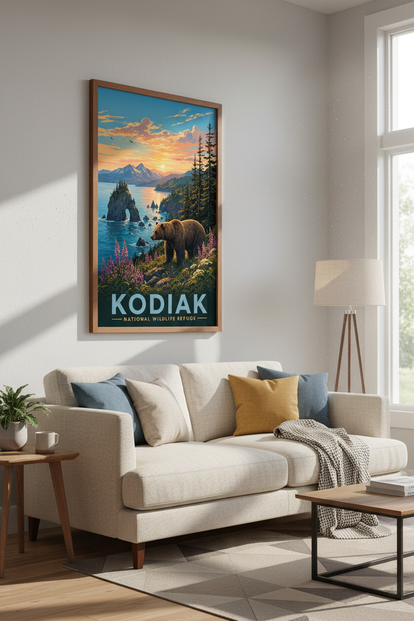 Kodiak National Wildlife Refuge Wall Art | Alaska Bear Sunset Poster, Cabin Decor