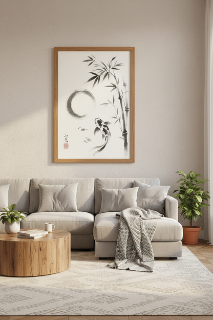 Japanese Koi Fish &amp; Bamboo Wall Art | Zen Enso Ink Poster, Minimalist Decor