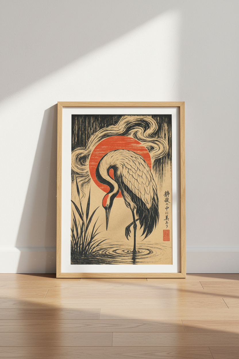 Japanese Crane Wall Art | Red Sun Woodblock Poster, Zen Living Room Decor