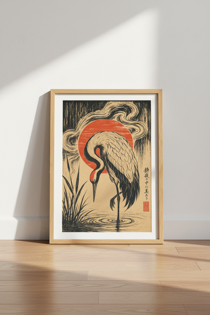 Japanese Crane Wall Art | Red Sun Woodblock Poster, Zen Living Room Decor
