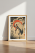 Japanese Crane Wall Art | Red Sun Woodblock Poster, Zen Living Room Decor
