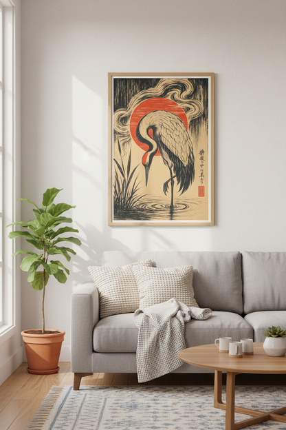 Japanese Crane Wall Art | Red Sun Woodblock Poster, Zen Living Room Decor