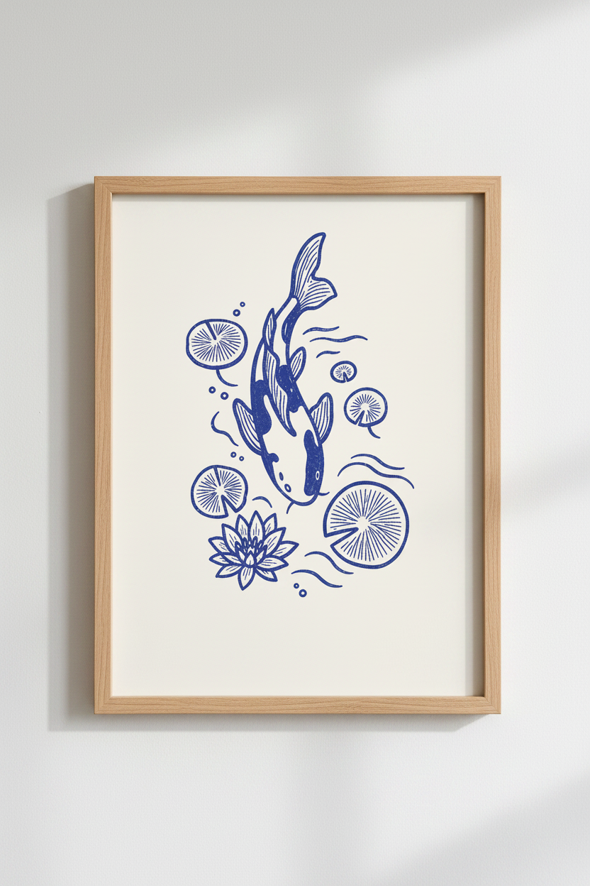 koi fish wall art print | blue line drawing, serene home decor | poster