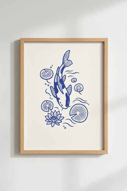 koi fish wall art print | blue line drawing, serene home decor | poster