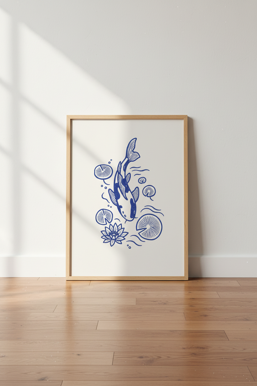 koi fish wall art print | blue line drawing, serene home decor | poster