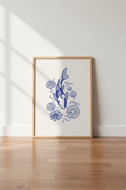koi fish wall art print | blue line drawing, serene home decor | poster