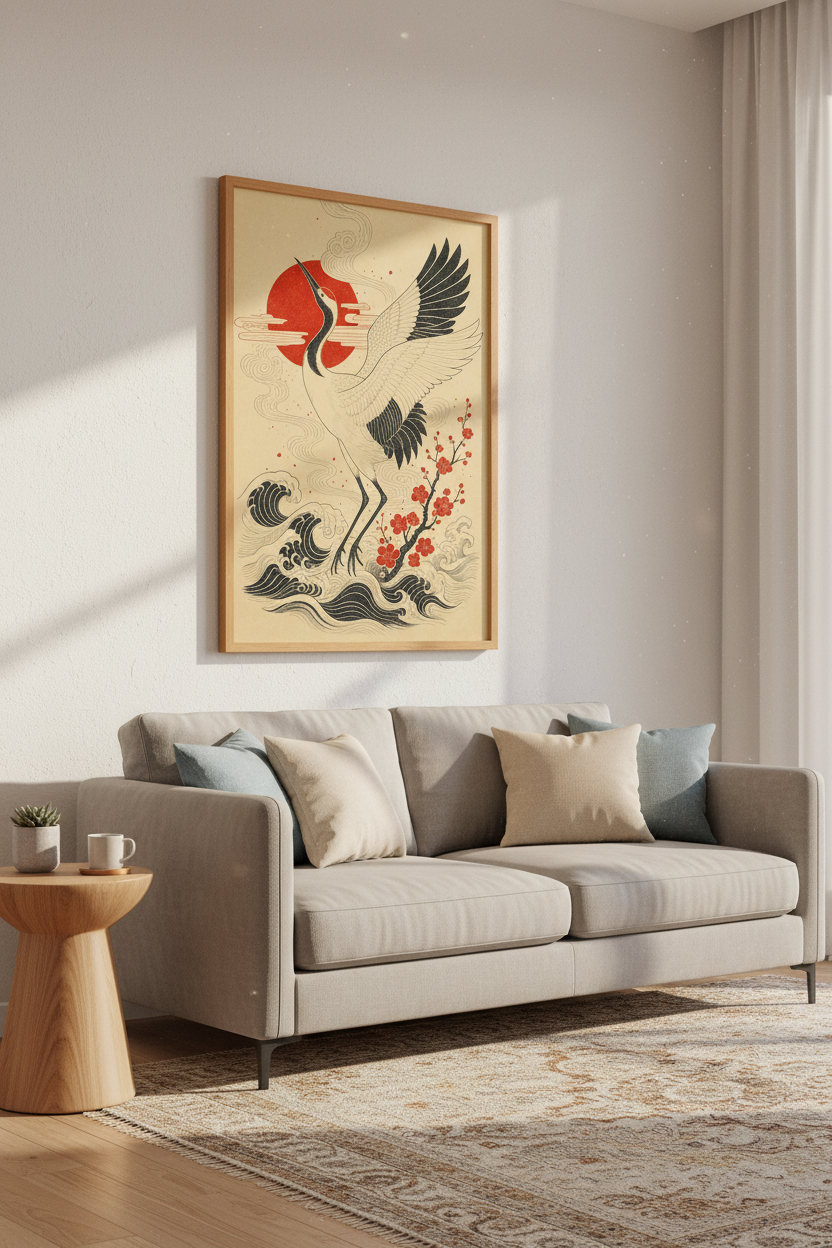 Japanese Crane | Ukiyo-e Style Sun &amp; Wave Print, Living Room Zen Decor