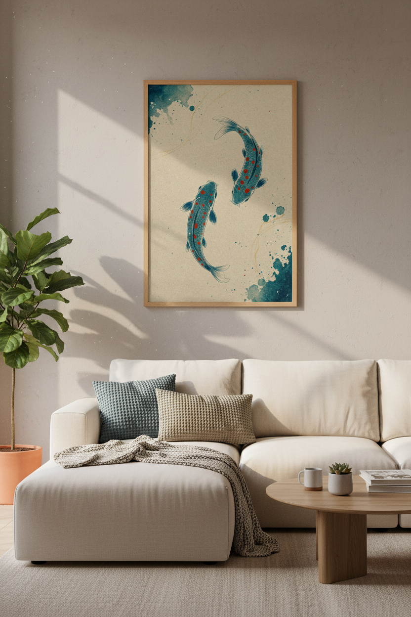 Japanese Koi Fish Wall Art | Blue &amp; Gold Zen Poster | Japandi Living Room Decor