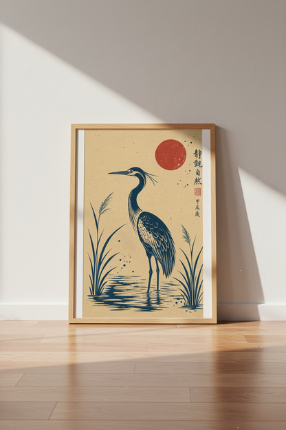 Japanese Blue Heron Wall Art Print | Zen Nature Decor | Ukiyo-e Aesthetic Poster